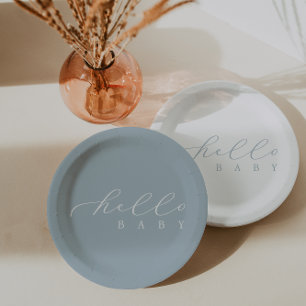 Hello Baby Blue Script Minimalist Baby Shower Paper Plates