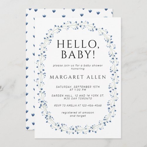 Hello Baby Blue Wildflower Botanical Baby Shower Invitation