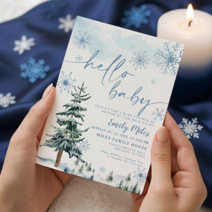 Hello Baby Blue Winter Wonderland Shower Invitation