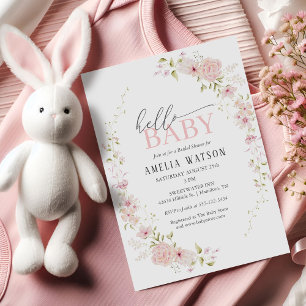 Hello Baby Blush Pink Floral Baby Shower Invitation
