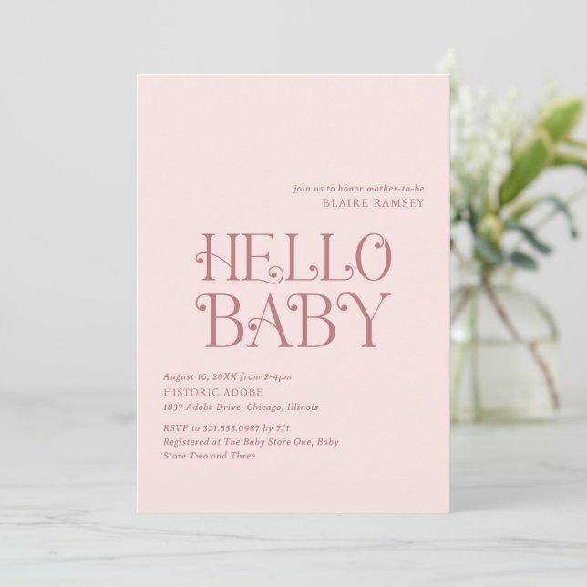 Hello Baby Blush Pink Modern Baby Shower Invitation (Standing Front)