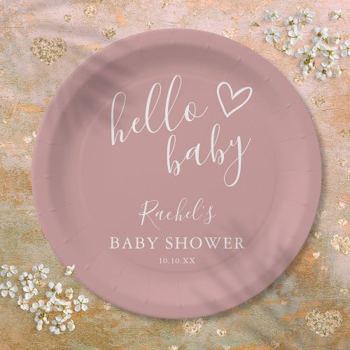 Hello Baby Boho Dusty Rose Girl Baby Shower Paper Plates