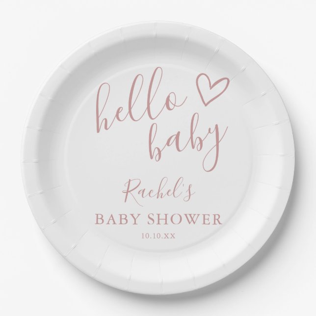 Hello Baby Boho Dusty Rose Girl Baby Shower Paper Plates (Front)