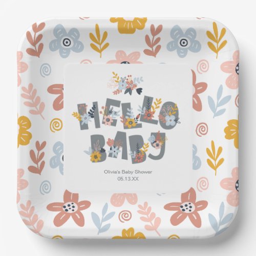 Hello Baby Boho Floral Baby Shower Paper Plates