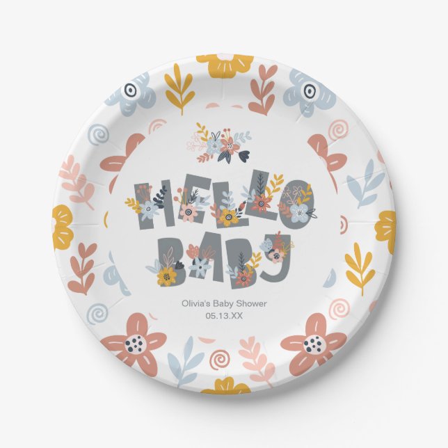 Hello Baby Boho Floral Baby Shower Paper Plates (Front)