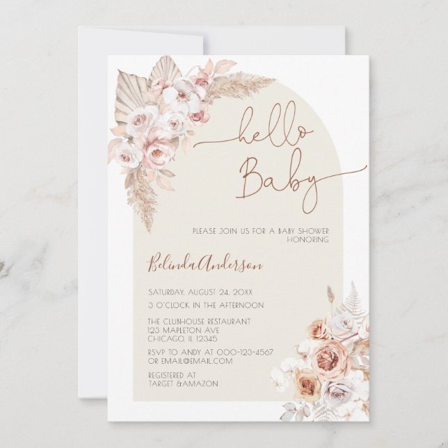 Hello Baby Boho Pampas Grass Baby Shower Invitation (Front)