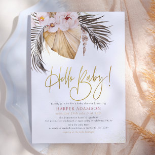 Hello Baby   Boho Pampas Grass & Tropical Palm Invitation