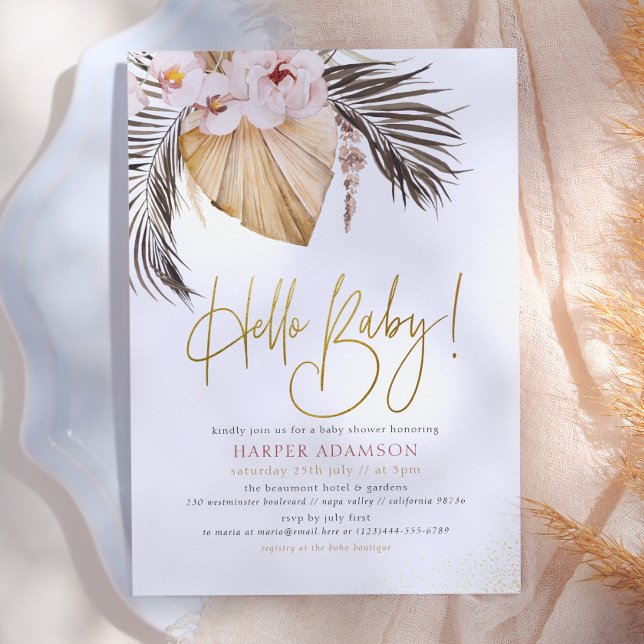 Hello Baby | Boho Pampas Grass & Tropical Palm Invitation (Creator Uploaded)