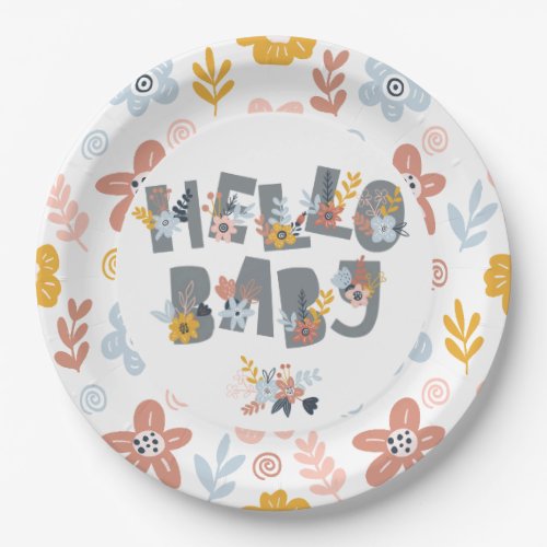 Hello Baby Boho Rainbow Floral Baby Shower Paper Plates