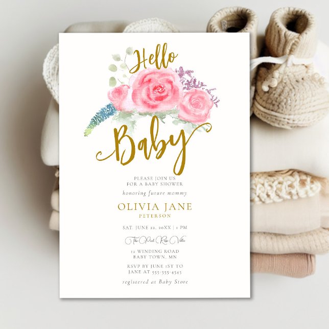 Hello Baby Boho Roses Wreath Neutral Baby Shower Invitation (Creator Uploaded)