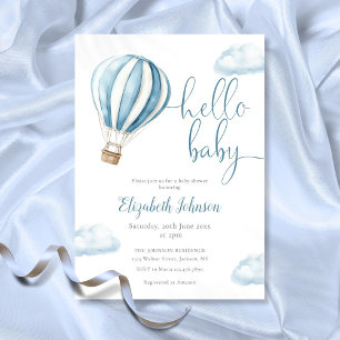 Hello Baby Boy Blue Hot Air Balloon Baby Shower Invitation