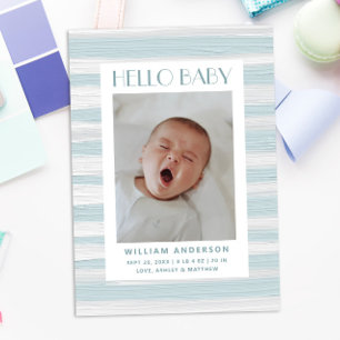 Hello baby boy. Blue nautical painted stripe birth Announcement