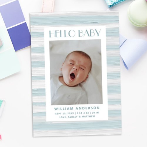 Hello baby boy Blue nautical painted stripe birth Announcement