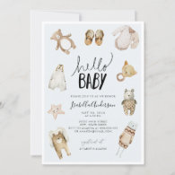 Hello Baby Boy Boho Blue Watercolor Baby Shower  Invitation