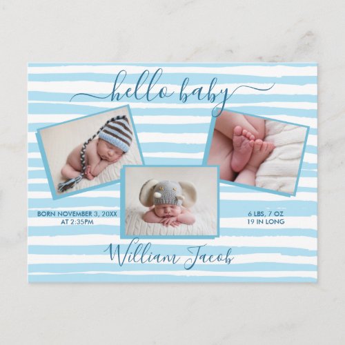 Hello Baby Boy Chic Blue Modern Birth Announcement Postcard