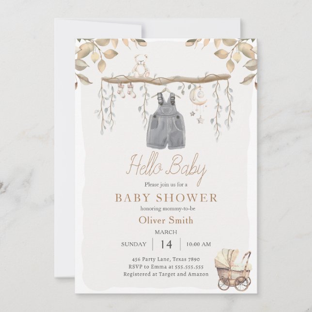 Hello Baby Boy Clothes Nursery Boho Baby Shower Invitation (Front)
