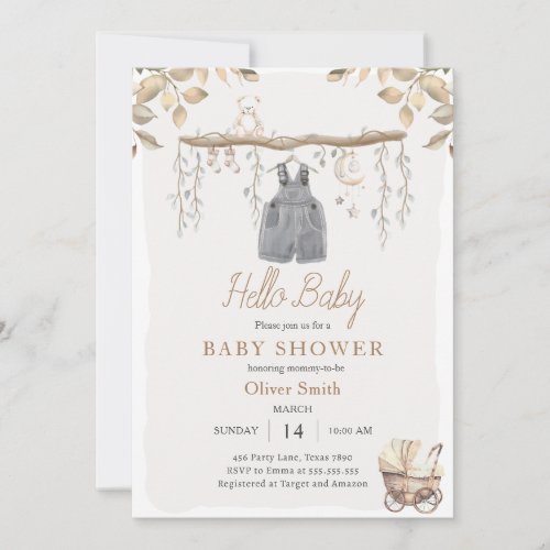 Hello Baby Boy Clothes Nursery Boho Baby Shower Invitation