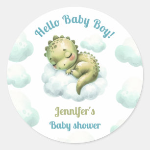 Hello Baby Boy Cute Dinosaur Blue Boy Baby Shower Classic Round Sticker