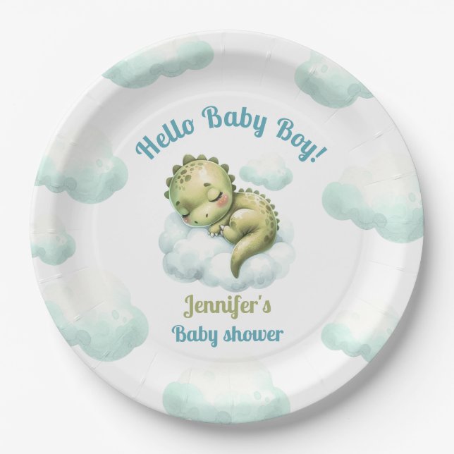 Hello Baby Boy Cute Dinosaur Blue Boy Baby Shower Paper Plates (Front)