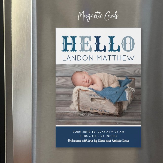 Hello Baby Boy Magnetic Photo Birth Announcement (Creator Uploaded)