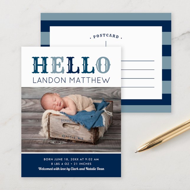 Hello Baby Boy Photo Birth Announcement Postcard (Creator Uploaded)