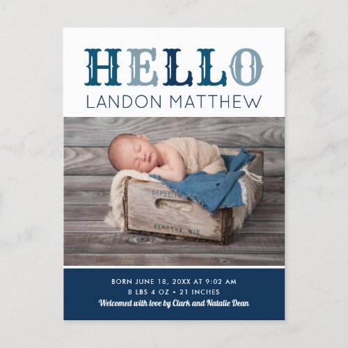 Hello Baby Boy Photo Birth Announcement Postcard