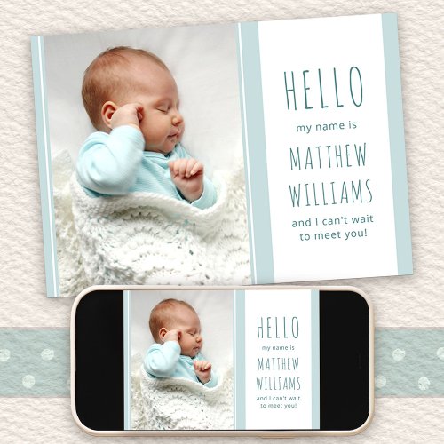 Hello Baby Boy Photo Blue and White Birth Announcement