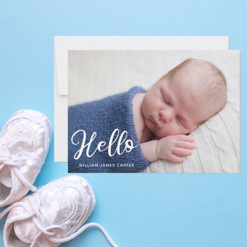 Hello Baby Boy Photo Simple Script Blue Birth Announcement