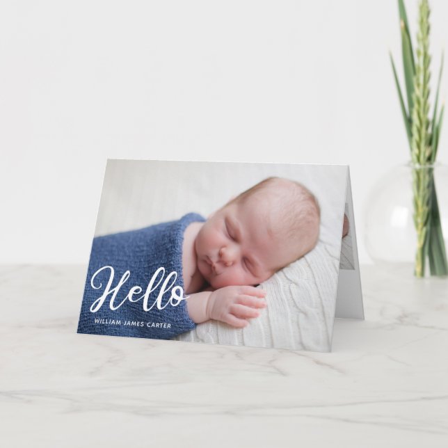 Hello Baby Boy Photo Simple Script Chic Birth Announcement (Front)