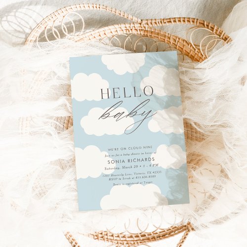 Hello Baby  Cloud Nine Blue Boy Baby Shower Invitation