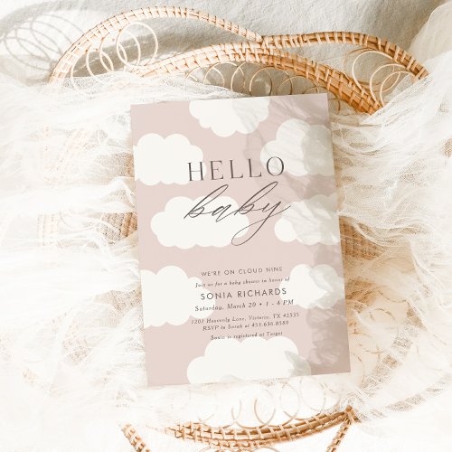 Hello Baby  Cloud Nine Pink Girl Baby Shower Invitation