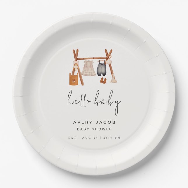 Hello Baby | Cute Boho Clothes Baby Shower  Paper Plates (Front)