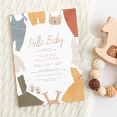 Hello Baby | Cute Boho Clothes Girl Baby Shower Invitation at Zazzle