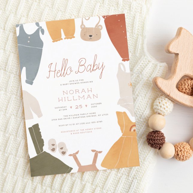 Hello Baby | Cute Boho Clothes Girl Baby Shower Invitation