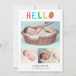 Hello Baby Cute Colorful 4 Photo Collage Simple Announcement