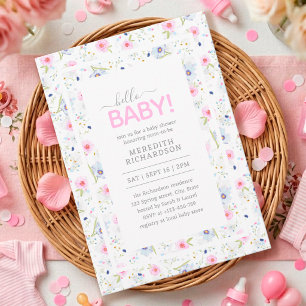 Hello Baby Cute Floral Pink Blue Girl Baby Shower Invitation