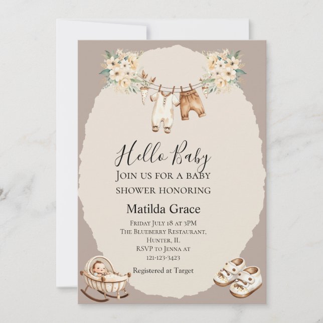 Hello Baby Cute Neutral Beige  Invitation (Front)