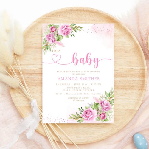 Hello Baby Cute Pink Floral Boho Girl baby Shower  Invitation