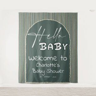 Hello Baby Dark Green Stripes Baby Shower Backdrop