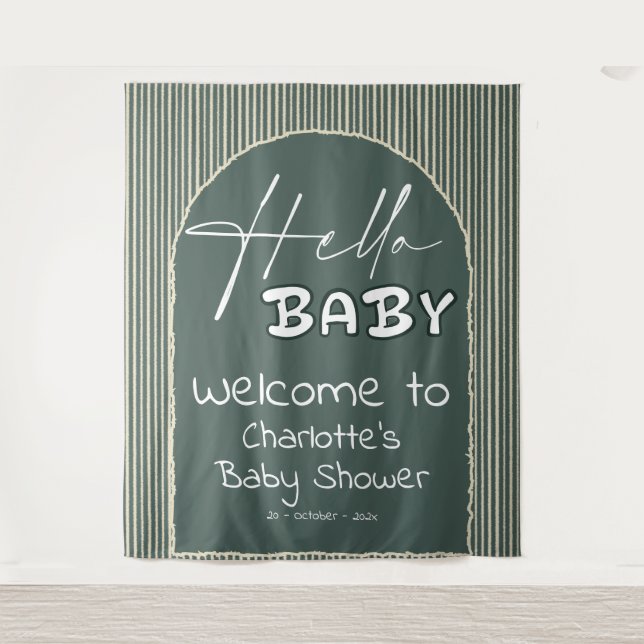 Hello Baby Dark Green Stripes Baby Shower Backdrop (Front)