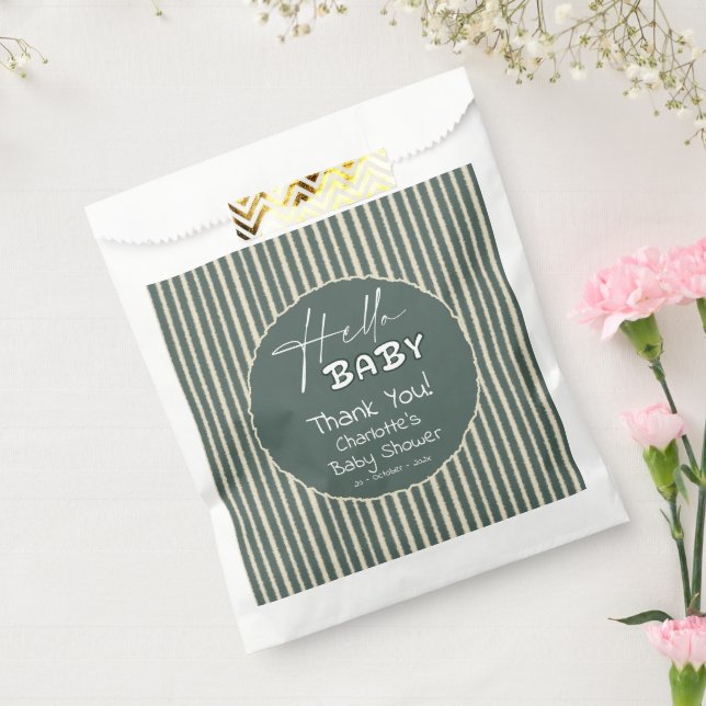Hello Baby Dark Green Stripes Baby Shower Favor Bag (Sealed)
