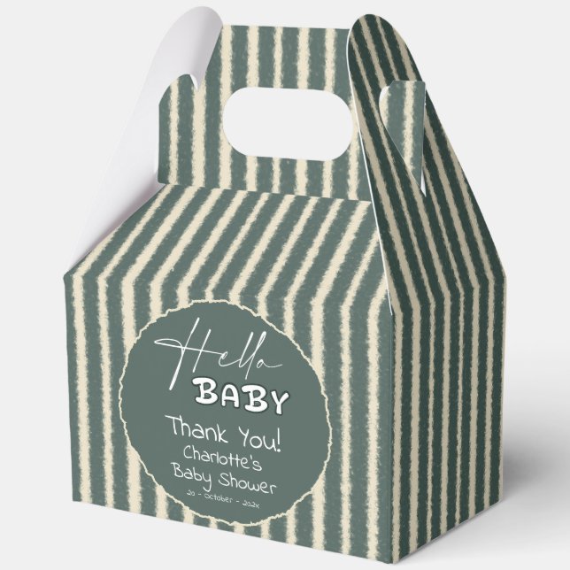 Hello Baby Dark Green Stripes Baby Shower Favor Boxes (Front)