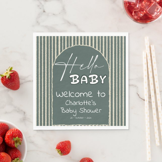Hello Baby Dark Green Stripes Baby Shower Napkins (Insitu)