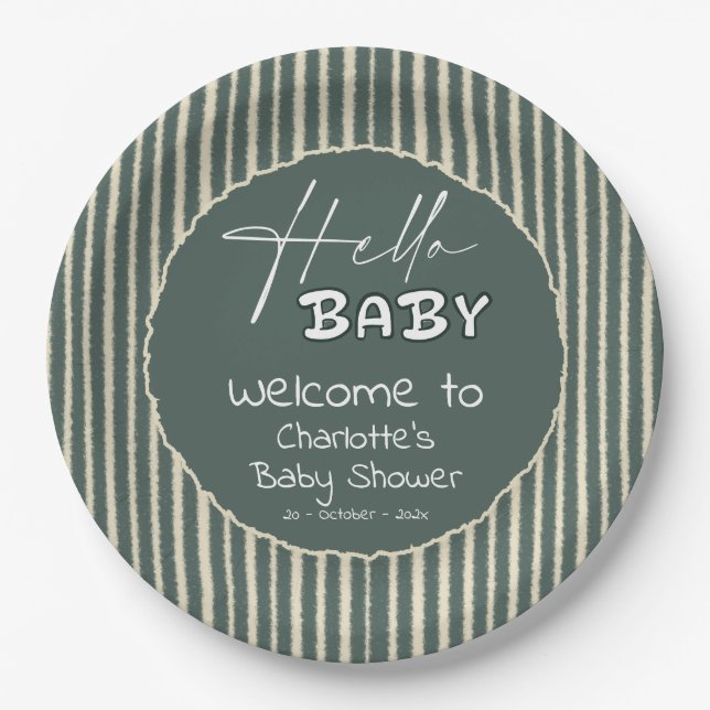 Hello Baby Dark Green Stripes Baby Shower Paper Plates (Front)