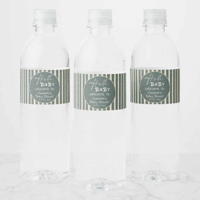 Hello Baby Dark Green Stripes Baby Shower Water Bottle Label (Bottles)