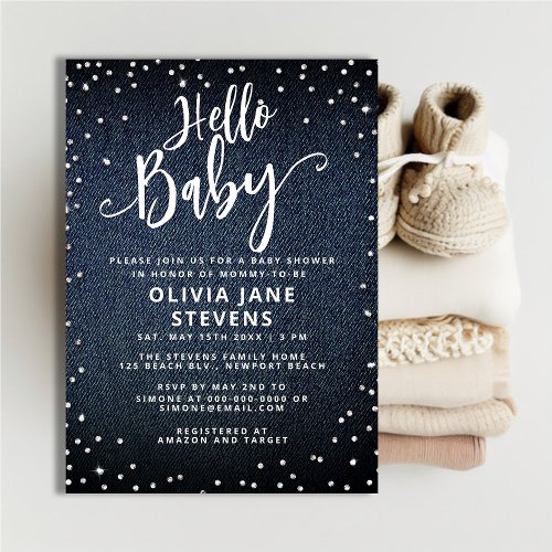 Hello Baby Denim Diamonds Neutral Baby Shower Invitation