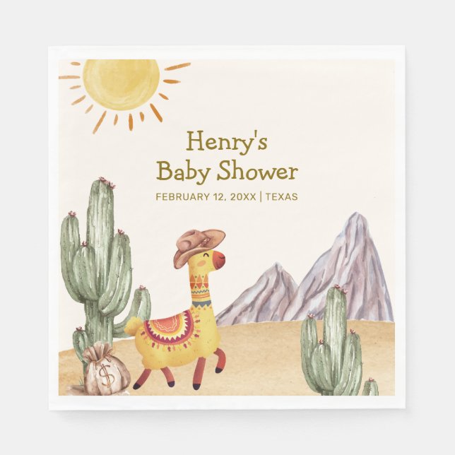 Hello Baby Desert Cactus Llama Cowboy Baby Shower Napkins (Front)