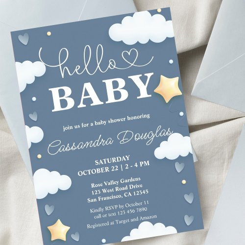 Hello Baby Dusty Blue Clouds Modern Baby Shower Invitation