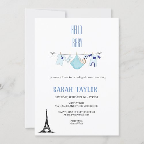 Hello Baby Eiffel Towel Cute Boy Blue Clothesline  Invitation