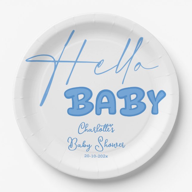 Hello Baby Elegant Baby Shower Paper Plates (Front)